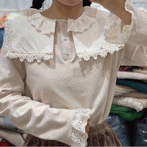 (3color)레이스면 카라 나염티셔츠 여성의류쇼핑몰 네이비튜튜