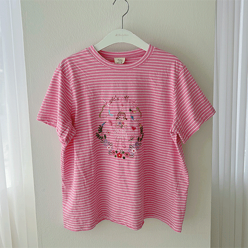 (3color)소녀자수 줄무늬티셔츠 여성의류쇼핑몰 네이비튜튜